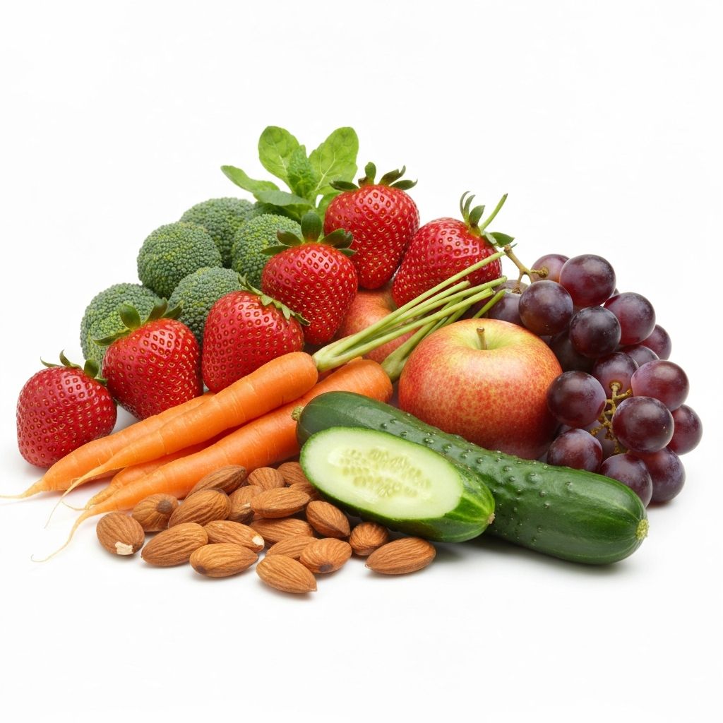 Diverse array of fresh healthy foods including fruits, vegetables, and nuts