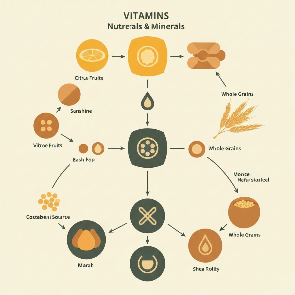 Scientific illustration of vitamins and minerals