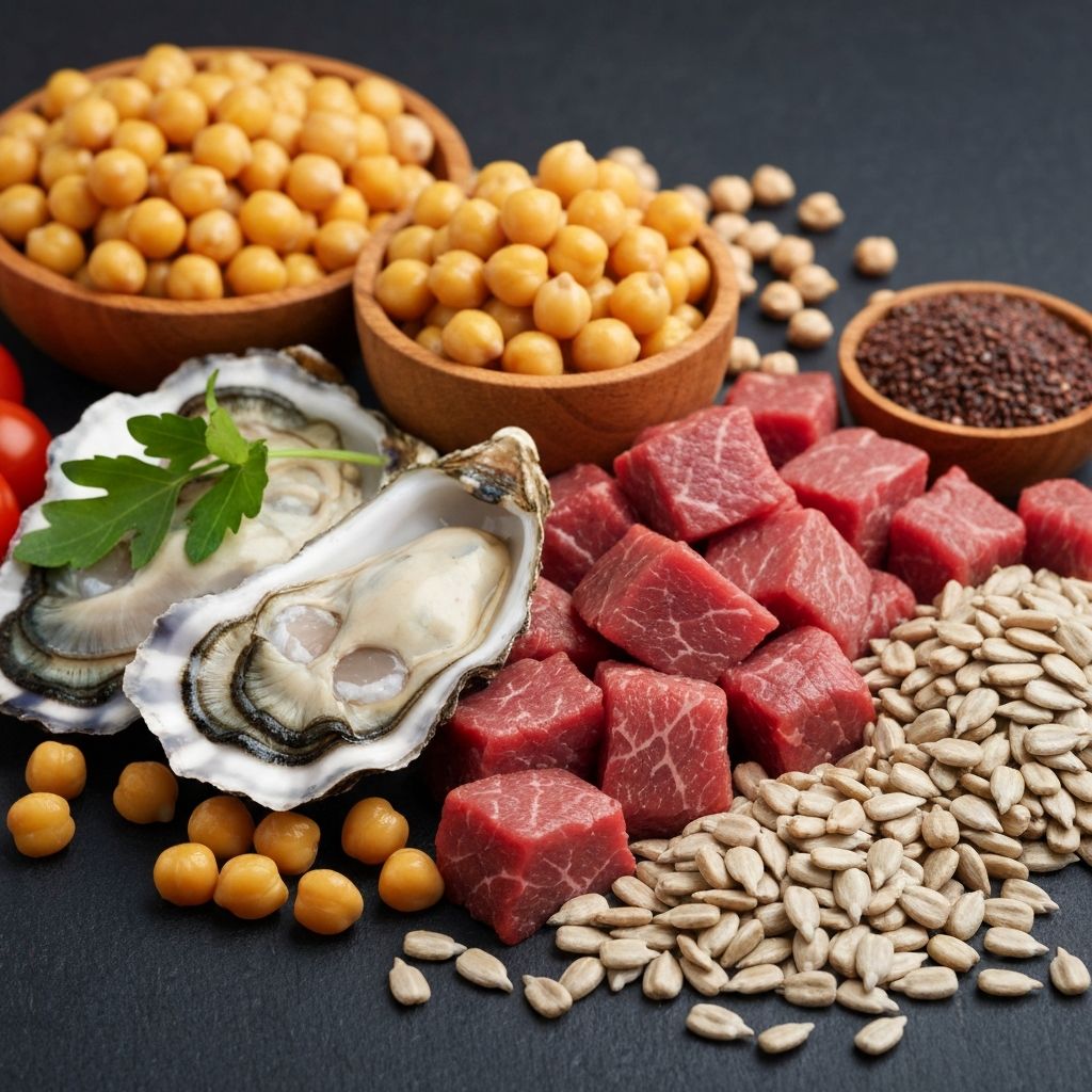 Zinc-rich foods including oysters, beef, and legumes